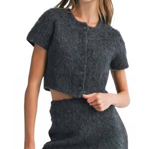 NEW MABLE fuzzy short sleeve cardigan in grey